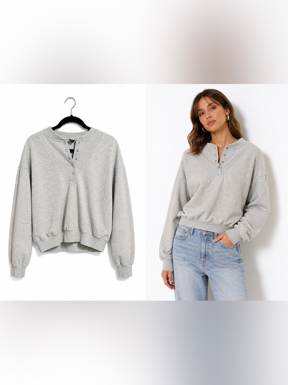 Women's Light Gray Button Henley Sweatshirt